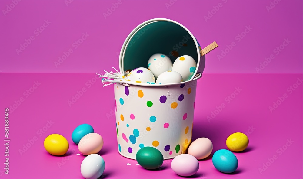  a bucket filled with lots of eggs on top of a pink surface with colorful eggs around it and a woode