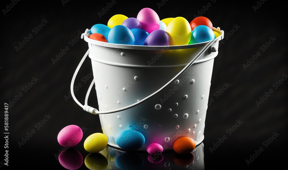  a bucket filled with lots of colorful eggs on top of a black surface with water droplets on the bot