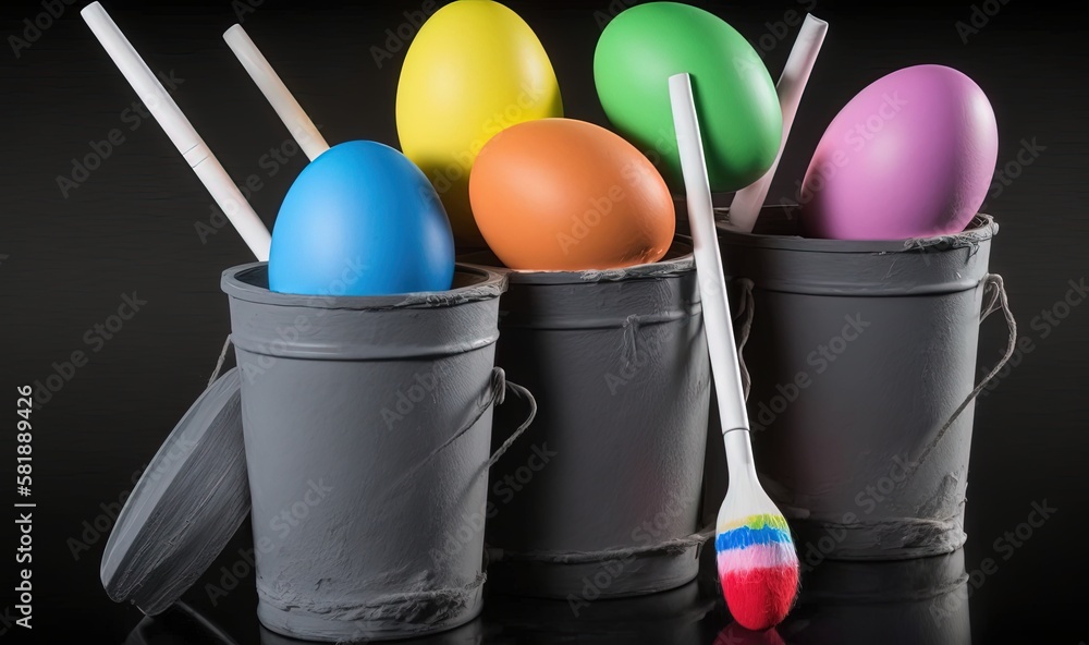  a group of buckets filled with painted eggs and a brush on a reflective surface with a black back g