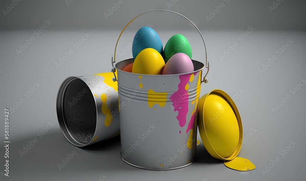  a bucket of painted eggs sitting on top of a table next to a can of paint and a can of paint on the