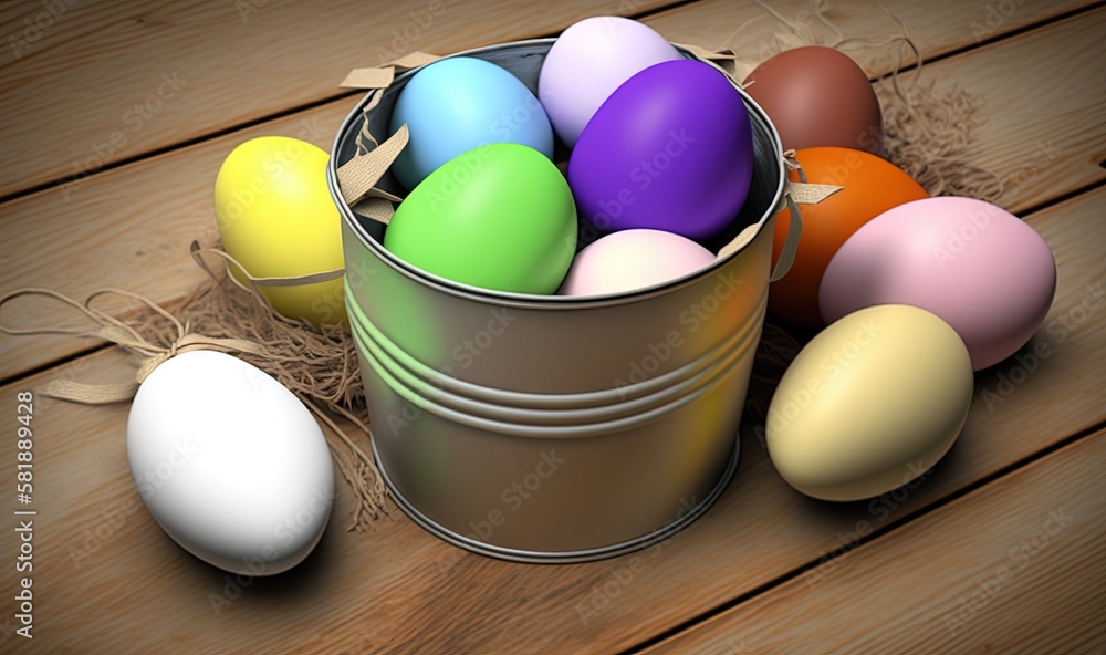  a bucket full of eggs sitting on a wooden floor next to a pair of scissors and a pair of scissors o