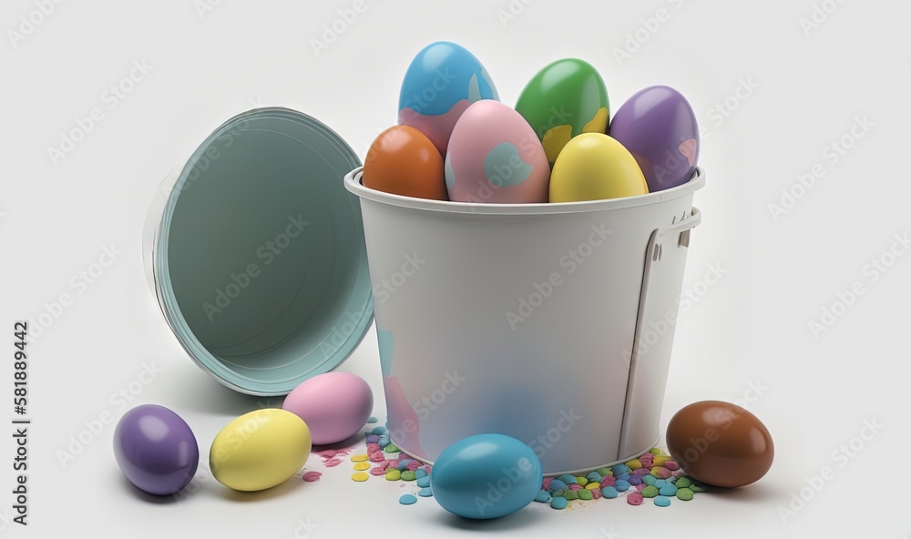  a bucket full of colorful easter eggs next to a bucket of candy eggs on a white surface with sprink