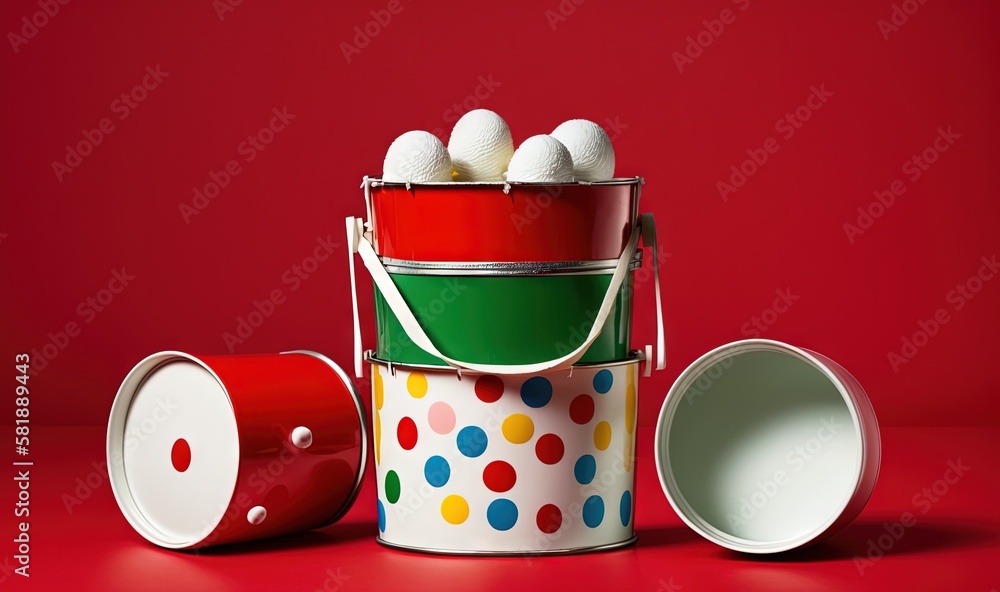  a red and white bucket filled with white balls on top of a red table next to a red cup and a white 