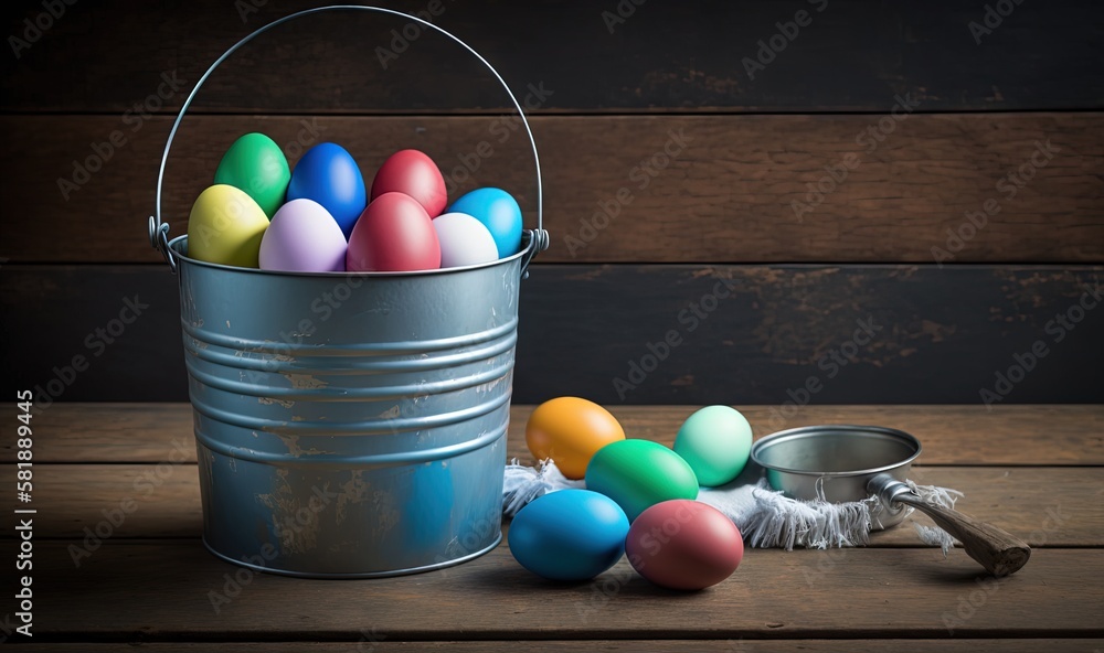  a bucket full of colorful eggs next to a metal pail with a scoop of colored eggs in it on a wooden 