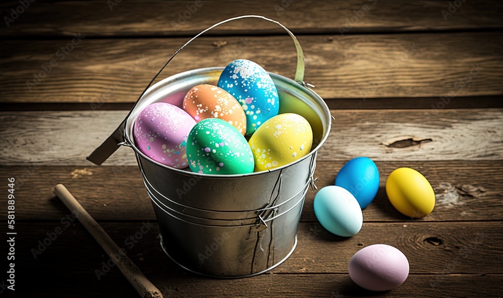  a bucket filled with colorfully painted eggs next to a pair of chopsticks on a wooden table next to