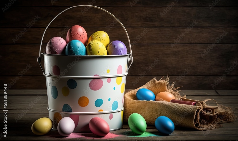  a bucket filled with colorfully painted eggs next to a sack of candy canes and a sack of burlock on