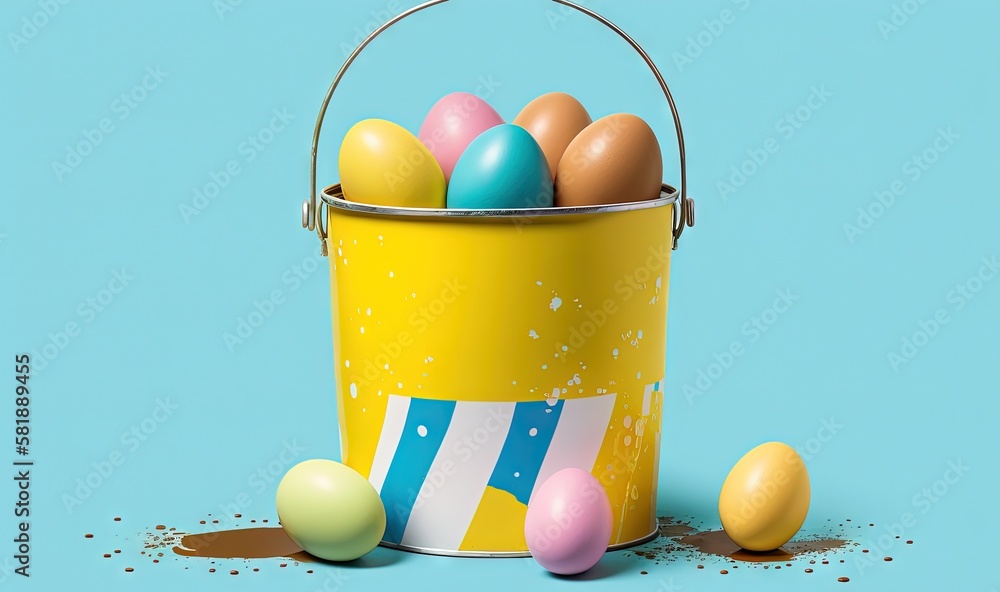  a bucket full of eggs sitting on a blue surface with spilled paint on the floor and a few eggs in t