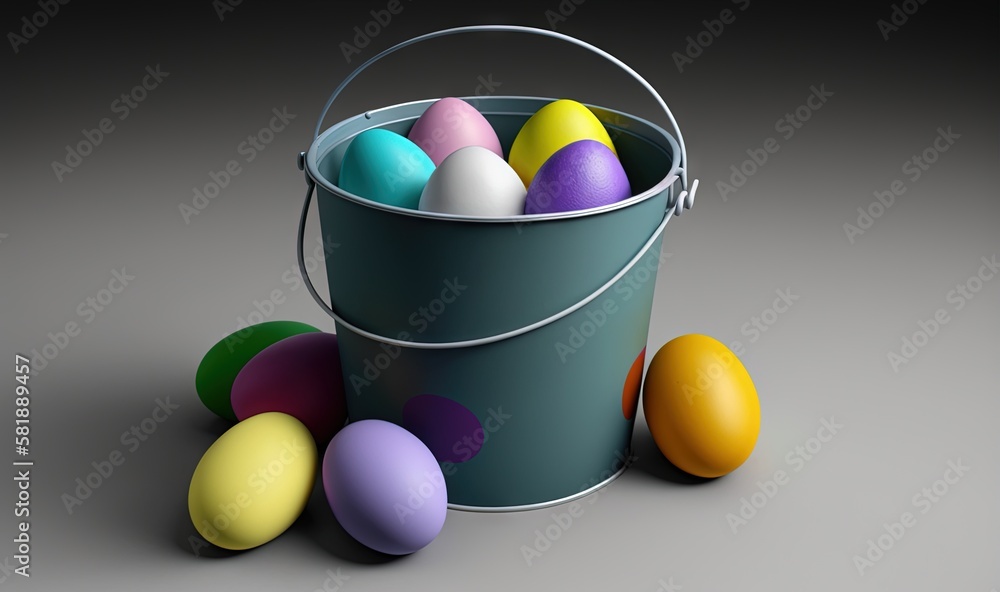  a bucket full of colorful eggs sitting on top of a table next to a bucket of eggs on a table next t