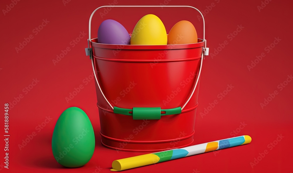  a bucket of colored eggs next to a crayon crayon pencil on a red background with a red background a