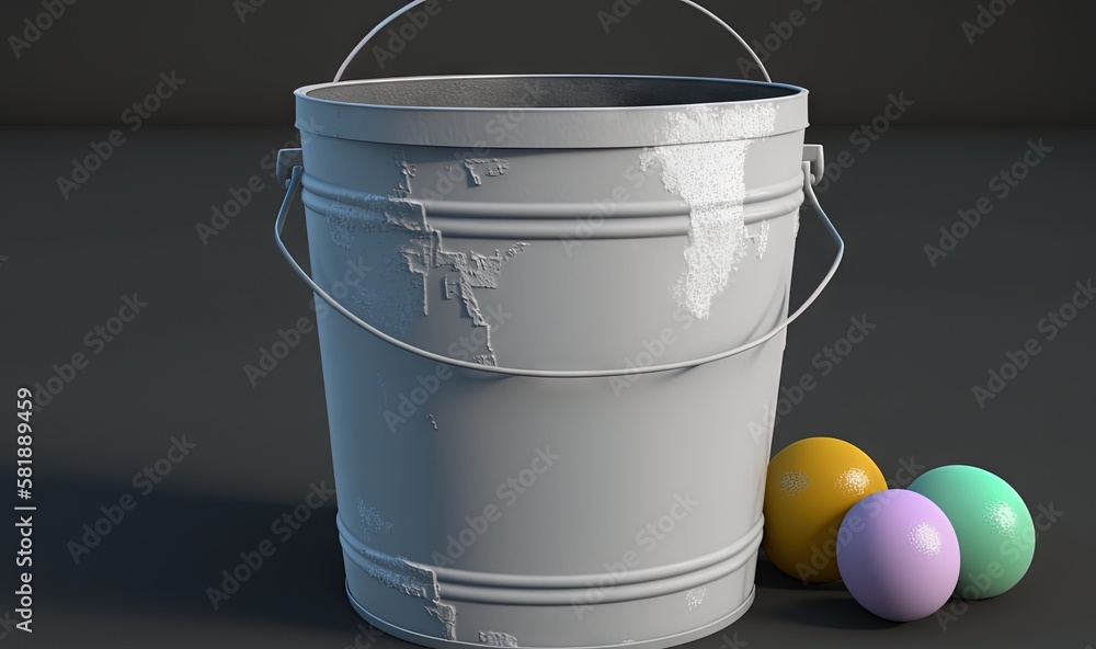  a bucket of paint next to three colored eggs on a gray surface with a black background and a gray b