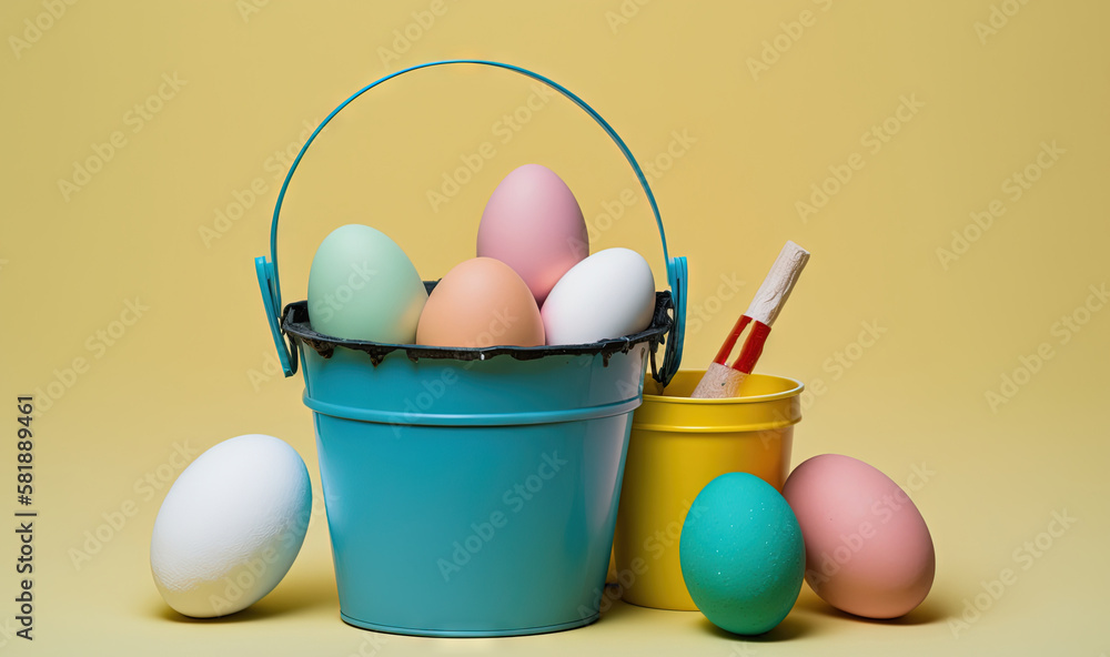  a bucket full of eggs with a pen in the middle of it and three eggs in the same bucket on a yellow 