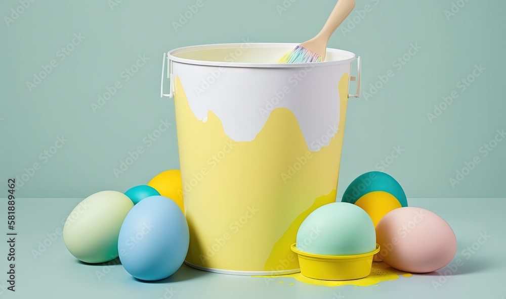  a bucket with a toothbrush in it next to some eggs on a table with a green background and a blue wa