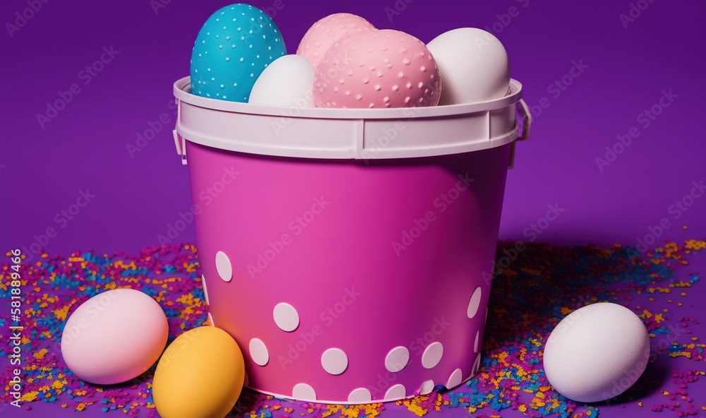  a bucket filled with lots of different colored eggs next to some confetti sprinkles on a purple sur