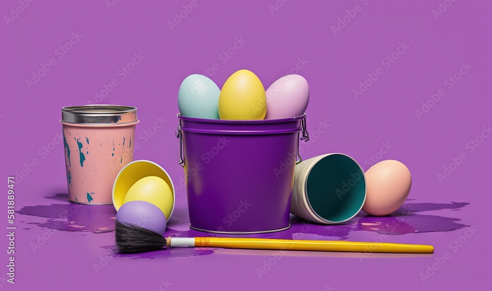  a bucket of eggs, a paintbrush, and a can of paint on a purple background with a purple background 