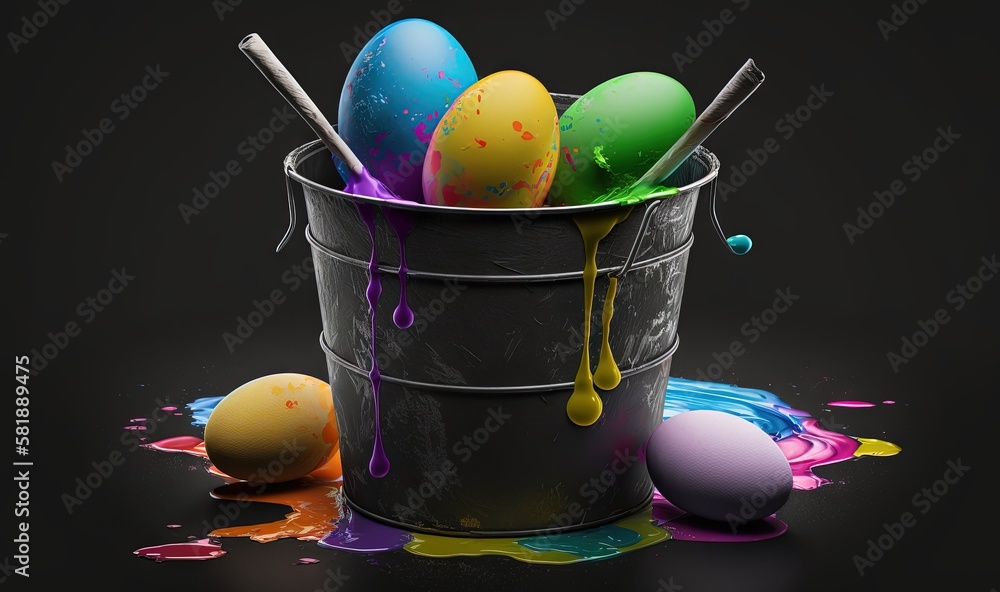  a bucket filled with colorful eggs sitting on top of a black floor next to paint spilled on the flo