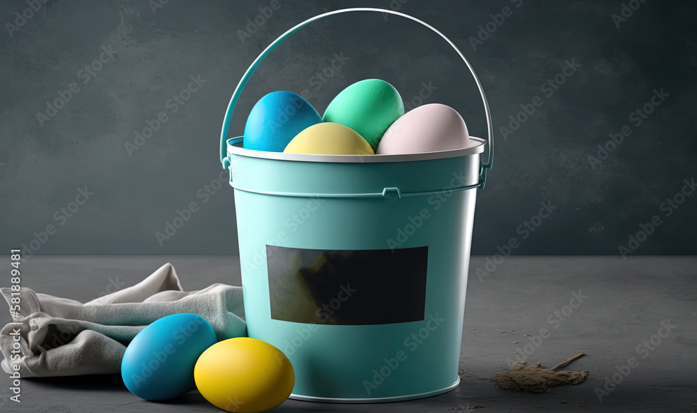  a bucket filled with colorful eggs next to a bag of flour on a gray tablecloth with a white cloth o