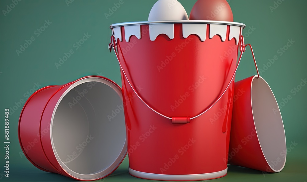  a red bucket filled with eggs sitting next to a green wall and a green wall behind the bucket is a 