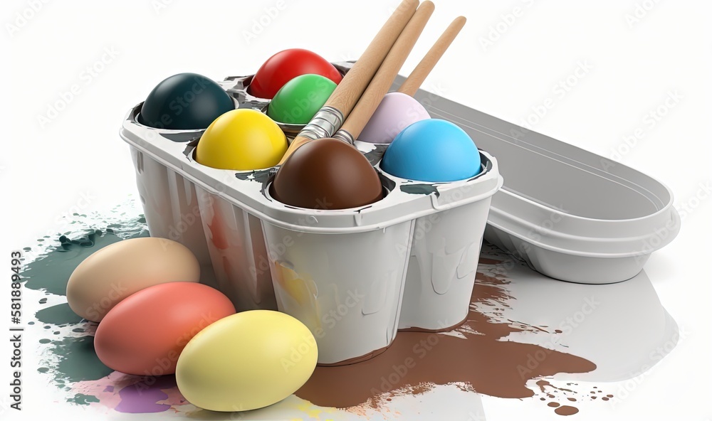  a bucket filled with eggs next to a paintbrush and a container of paint with eggs in it on a white 