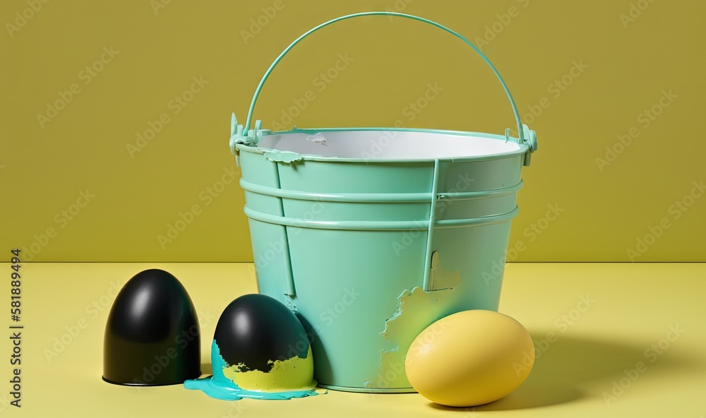  a bucket of paint next to two eggs on a table with a yellow background and a green bucket with two 