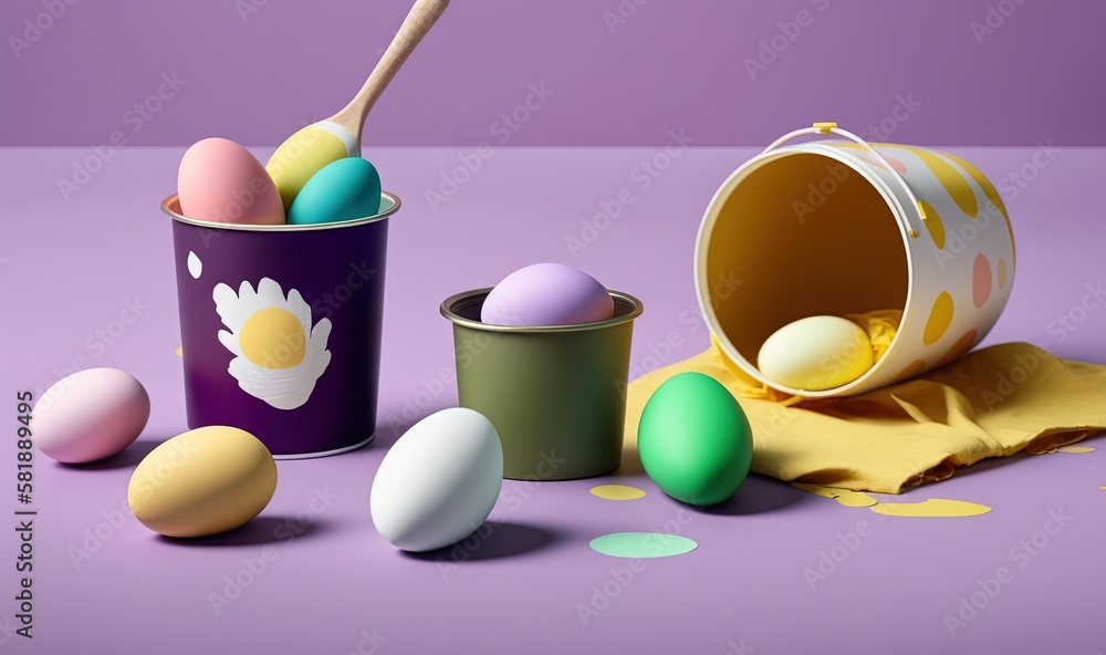  a bucket full of eggs and a cup with a spoon in it on a purple surface with polka dots and a yellow