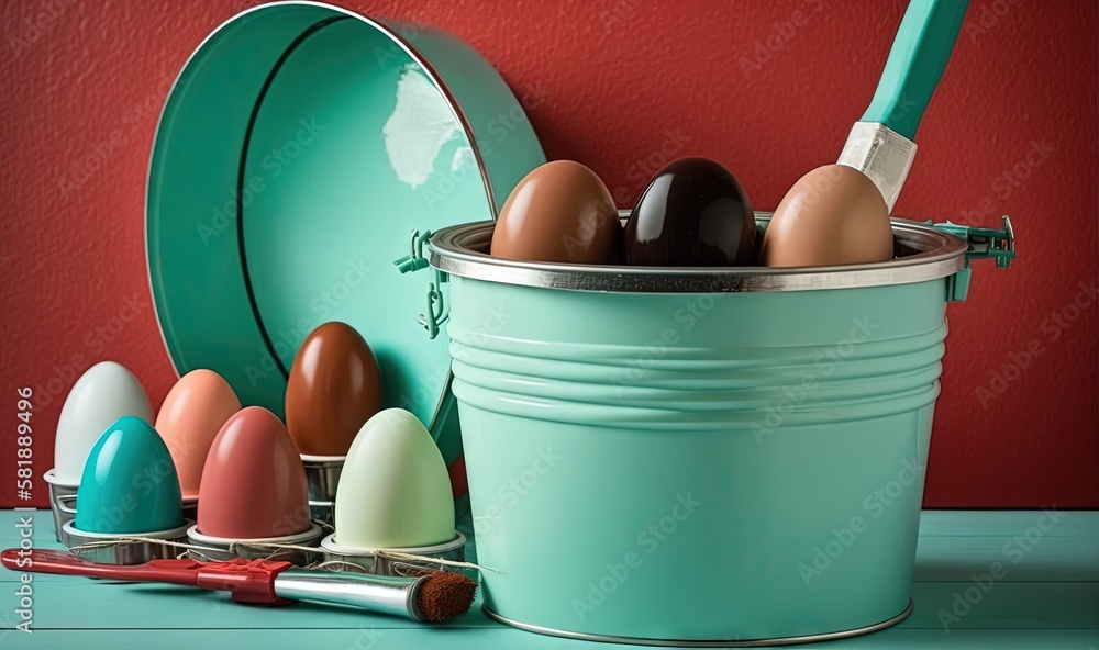  a bucket full of eggs and a brush on a blue table with a red wall behind it and a red wall in the b