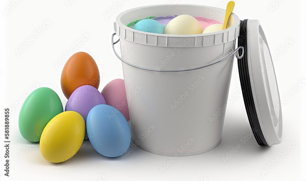  a bucket full of colored eggs next to a bucket of colored eggs with a straw in the top of the bucke