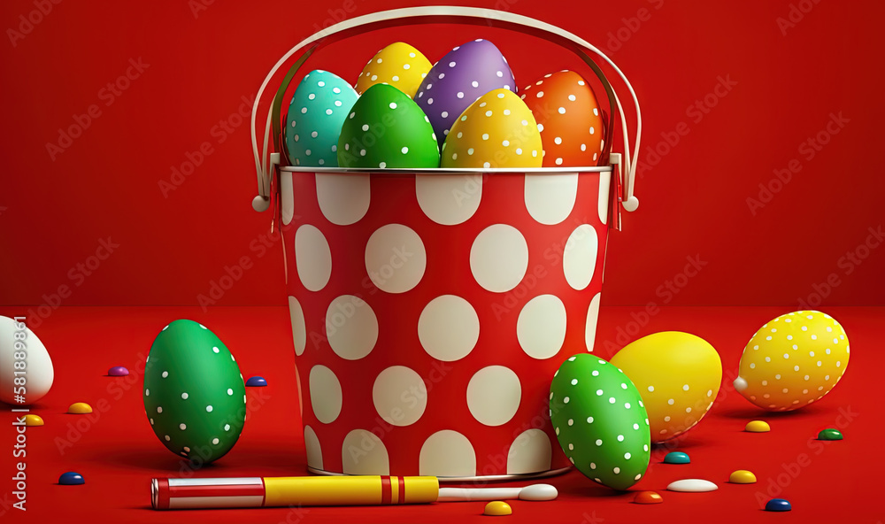  a red bucket filled with lots of colorful eggs next to a yellow marker and a red background with wh