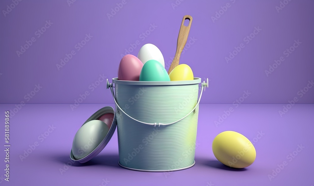  a bucket of eggs with a wooden spoon in one of the bucket and two of the eggs in the other are in t