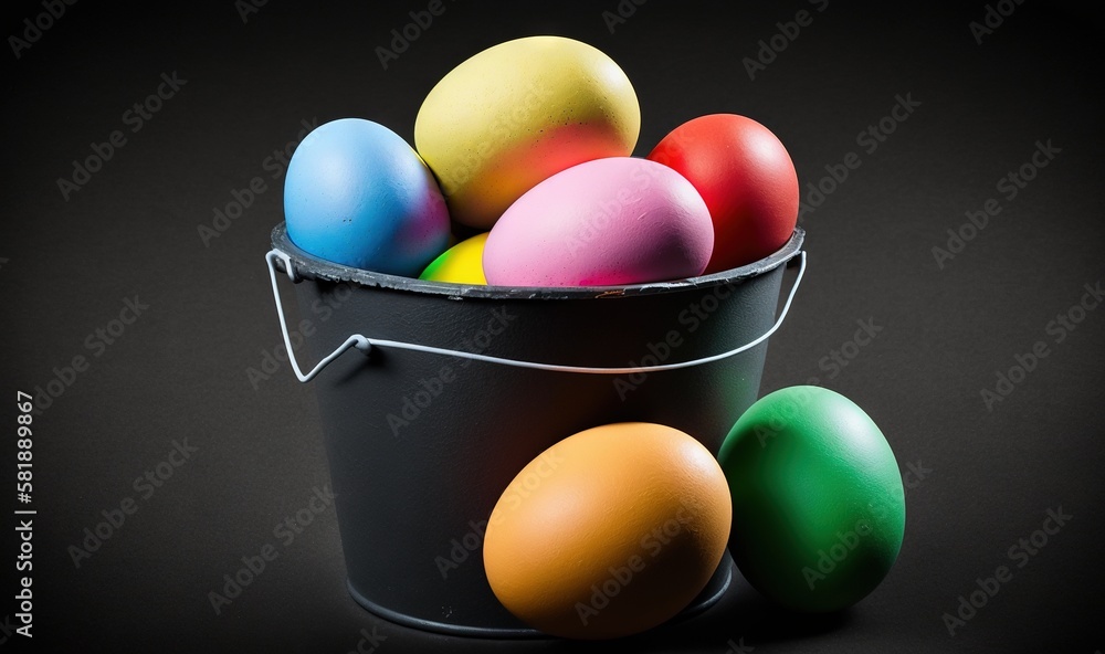  a bucket filled with colorful eggs on top of a black tablecloth covered tablecloth with a black bac