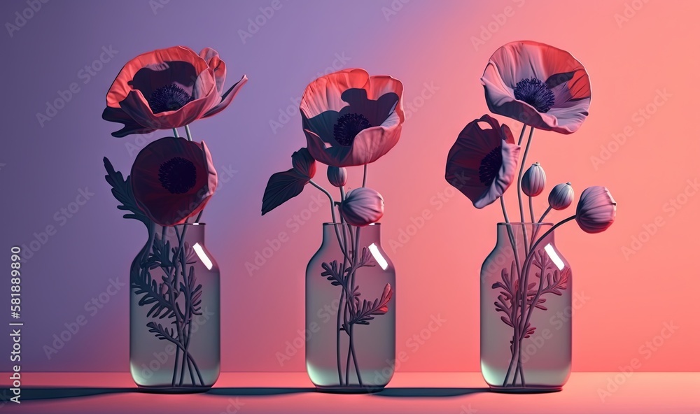  three glass vases with flowers in them on a pink and purple background with a shadow of a flower in