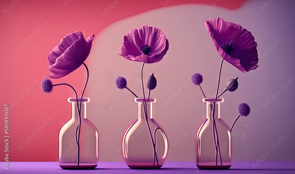  three glass vases with flowers in them on a purple surface with a pink background and a pink wall i