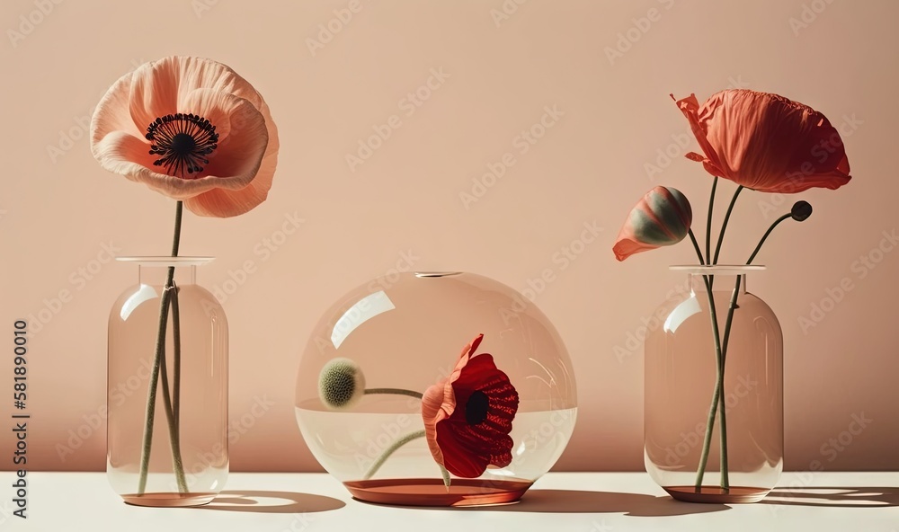  three vases with flowers inside of them on a counter top with a pink background and a pink wall in 