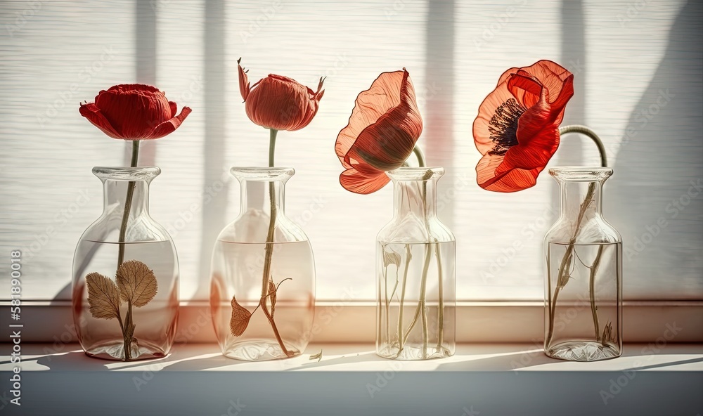  three vases with flowers in them sitting on a window sill in front of a window sill with a white cu