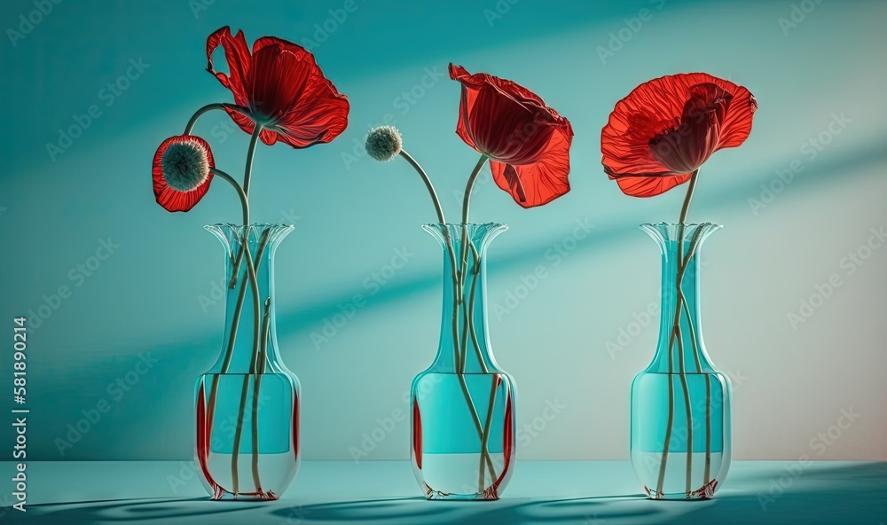  three vases with red flowers in them on a blue table top with a shadow of a wall in the back ground