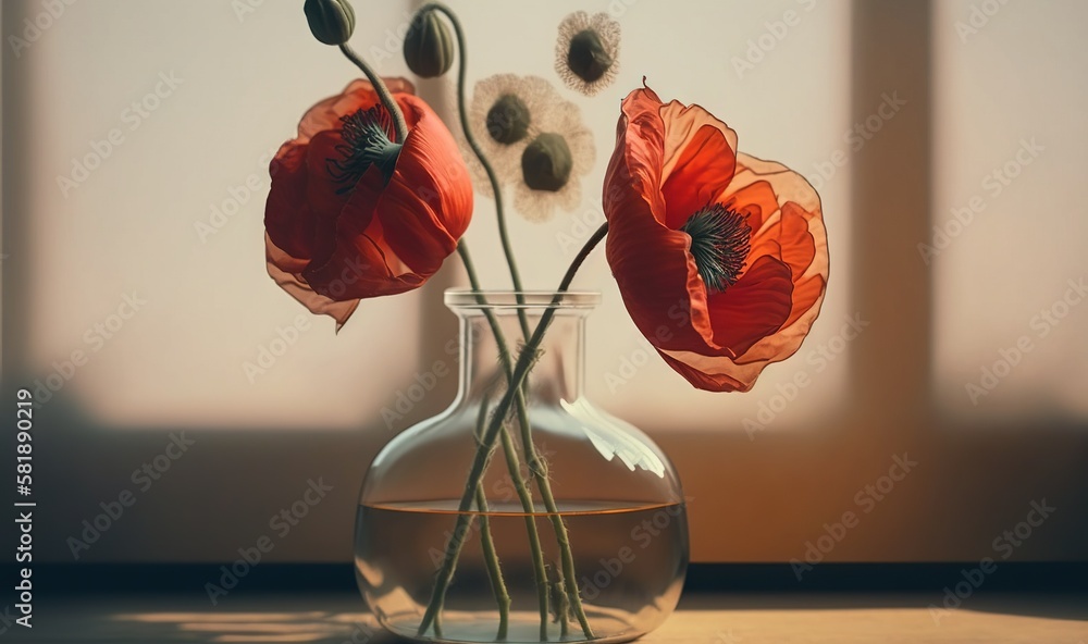  a glass vase filled with red flowers on top of a wooden table next to a white wall and a window wit