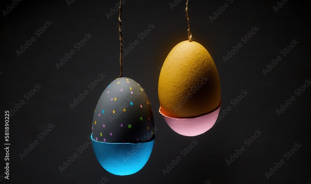  a couple of eggs hanging from strings on a black background with a yellow egg in the middle of the 