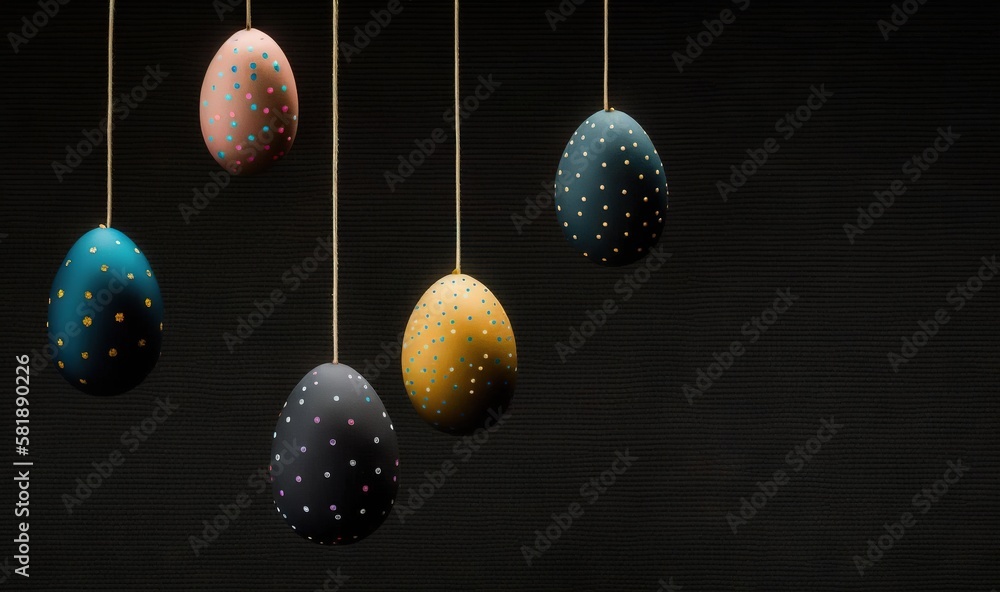  a bunch of eggs that are hanging from a line of strings on a black background with gold dots on the