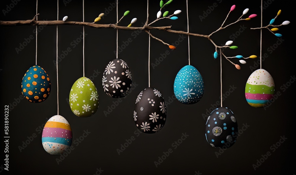  a bunch of eggs hanging from a tree branch with a branch in front of them and a bunch of colorful e