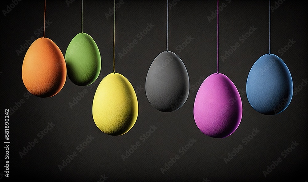  a group of eggs hanging from a line of strings in a dark room with a black background and a black b