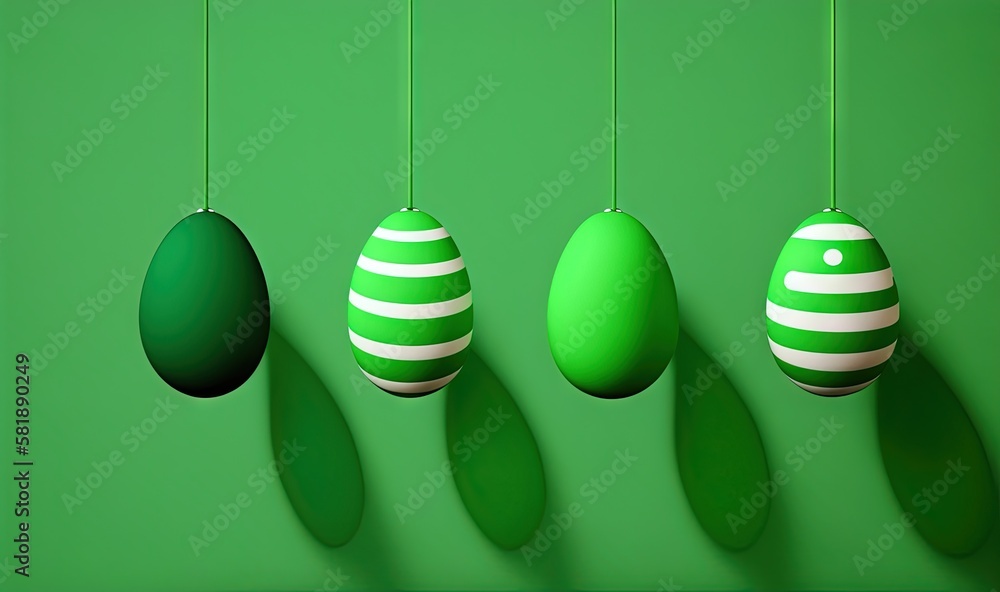  three green eggs hanging from a line of green eggs with white stripes on them, and a green backgrou