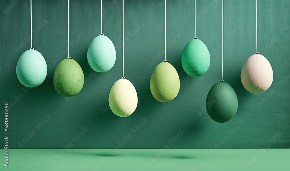  a group of eggs hanging from a line on a green wall with a shadow of a person standing in front of 