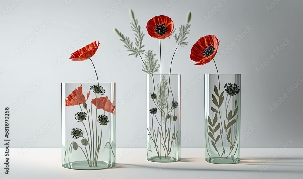  three glass vases with flowers in them on a white tableclothed tableclothed surface, one of which h