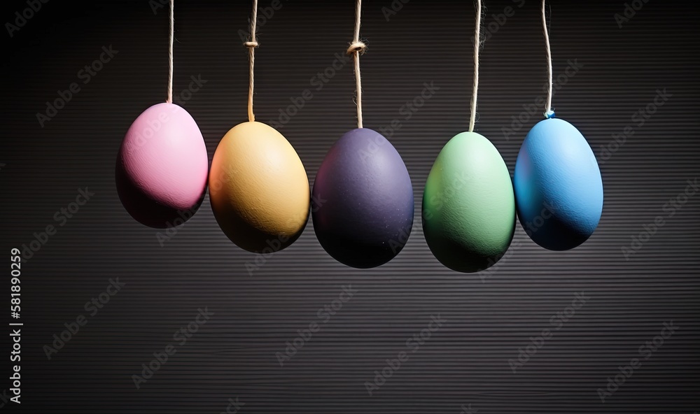  a row of colored eggs hanging from a line on a black background with a black background behind them