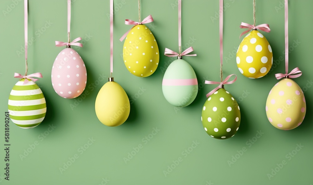  a group of eggs hanging from a line on a green wall with a bow on the end of each egg and a pink ri