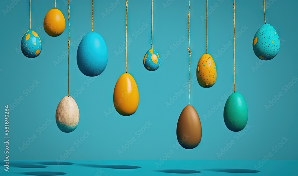  a bunch of eggs hanging from a line with a blue background and a blue sky in the background with se