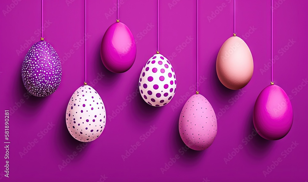  a group of colorful eggs hanging from a line on a purple background with polka dots on them, all of