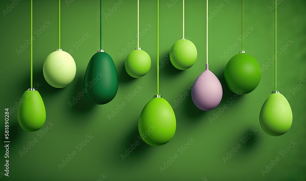  a group of green and pink eggs hanging from a line on a green background with a green background an