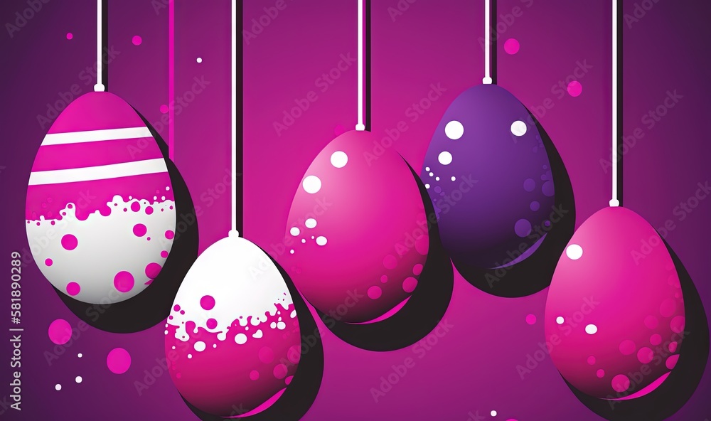  a bunch of colorful eggs hanging from a line on a purple background with bubbles and dots on the to