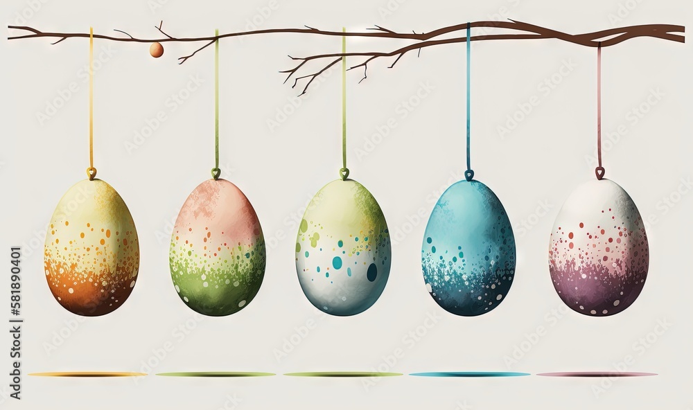  a group of eggs hanging from a tree branch with a branch in front of them and the colors of the egg