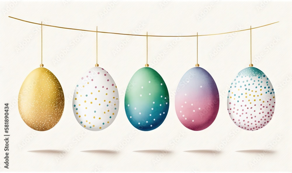  a line of colorful easter eggs hanging from a line of gold dots on a white background with a white 